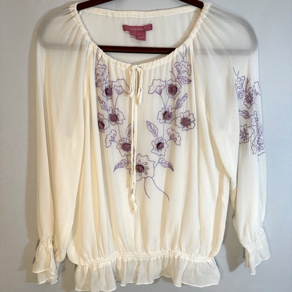 YILING Womens Size XXL Blouse 100% Silk Peasant Long Sleeve Embroidered Flower - Picture 1 of 12